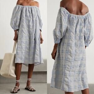 NWT Remain Birger Christensen Lea Brunnera Blue Plaid Off Shoulder Midi Dress 6